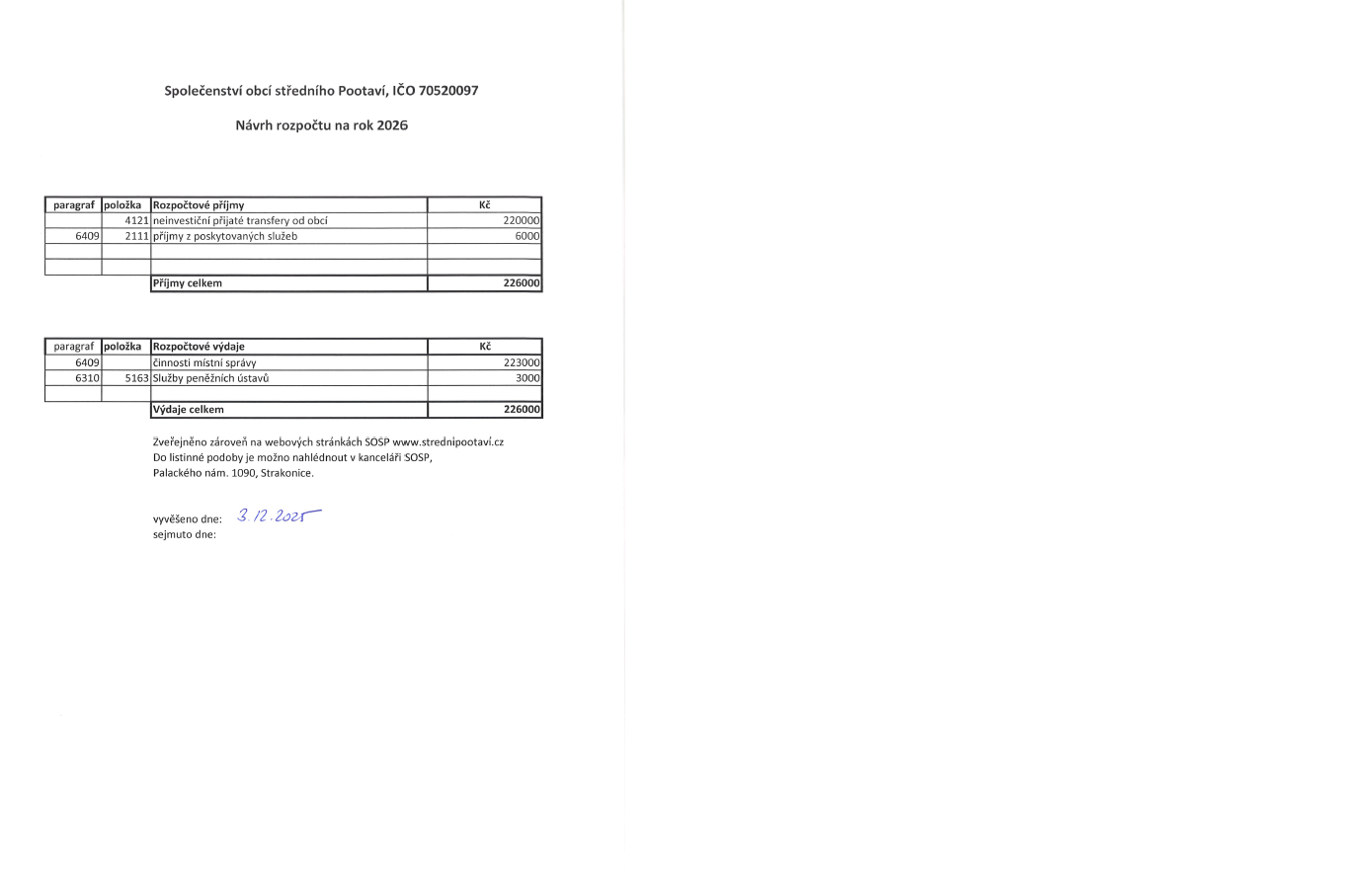 Návrh rozpočtu středního Pootaví na rok 2026