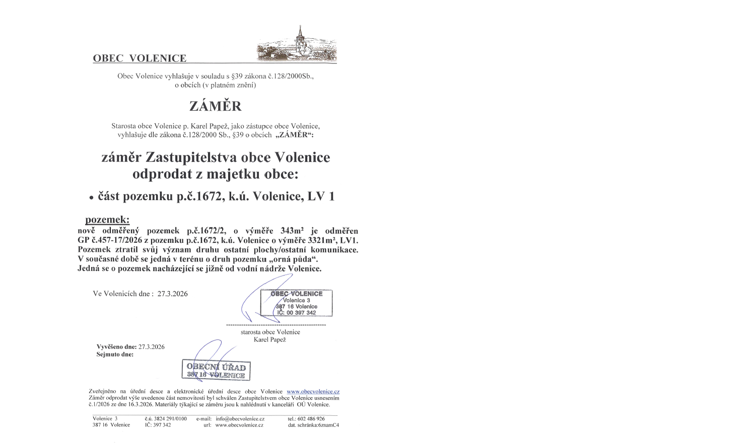 Záměr obce Volenice odprodat z majetku obce část pozemku p.č.1672, k.ú Volenice