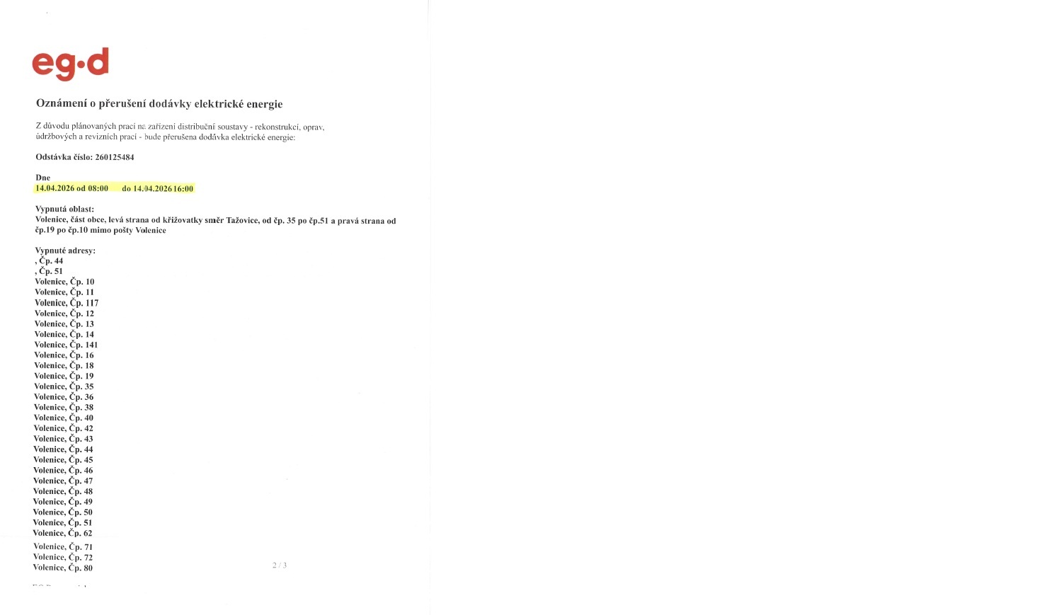 Oznámení o přerušení dodávky elektrické energie