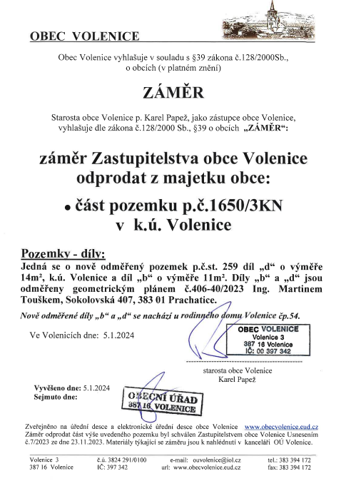 Záměr odprodat z majetku obce část pozemku p.č.1650/3 v k.ú Volenice
