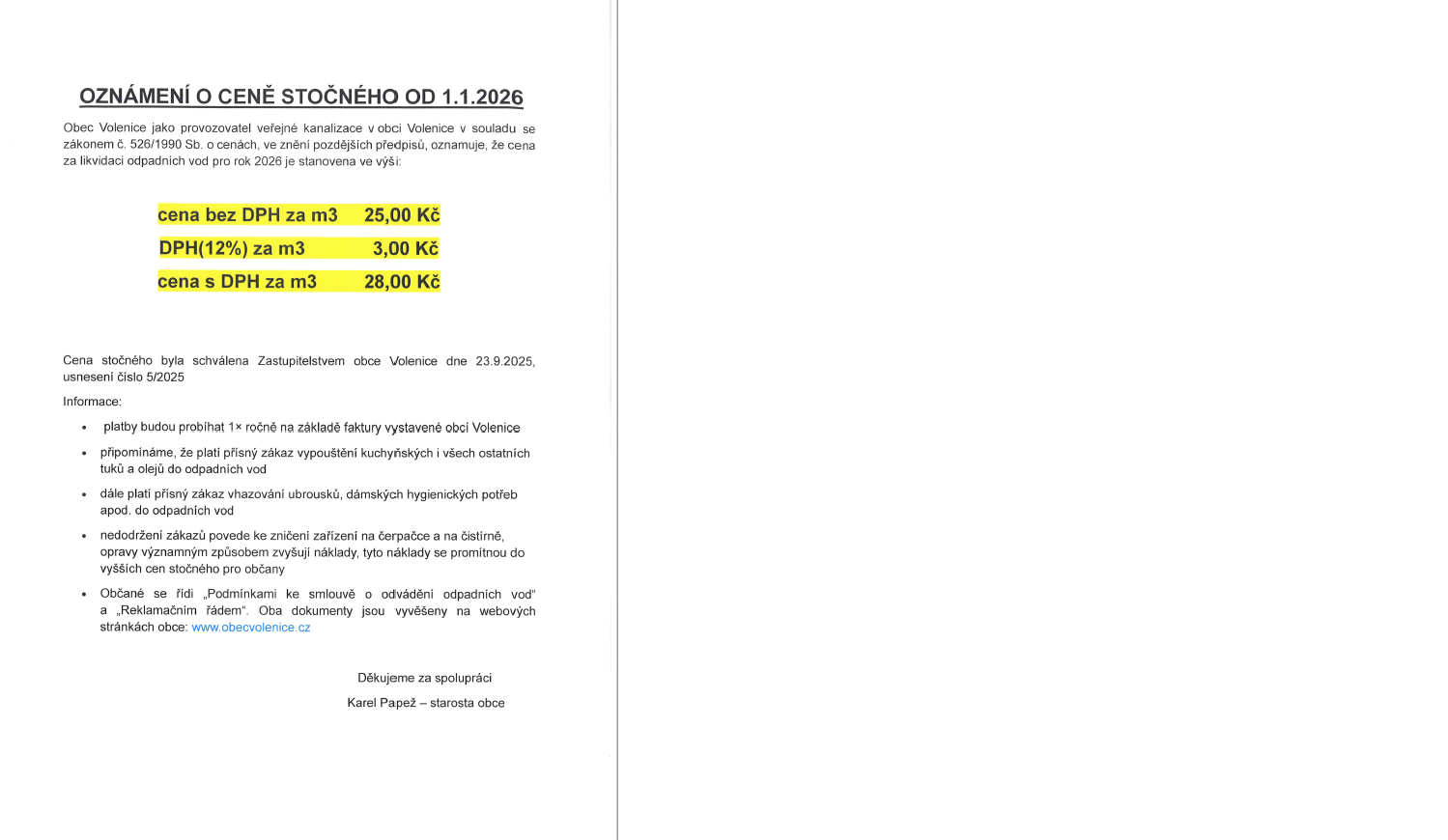 Oznámení o ceně stočného od 1.1.2026