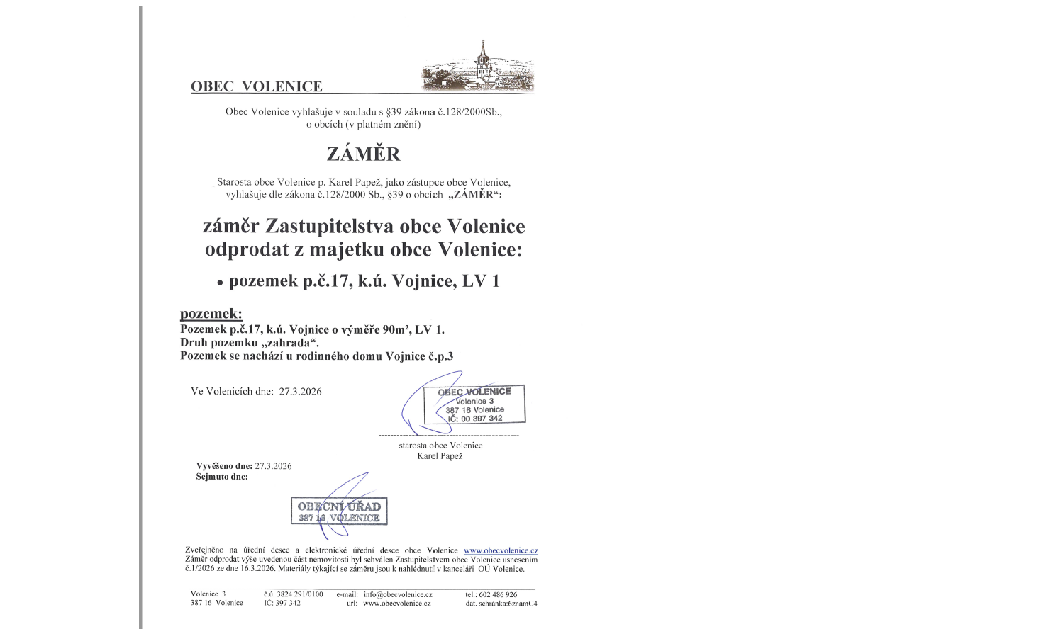 Záměr obce Volenice odprodat z majetku obce Volenice p.č.17, k.ú Vojnice