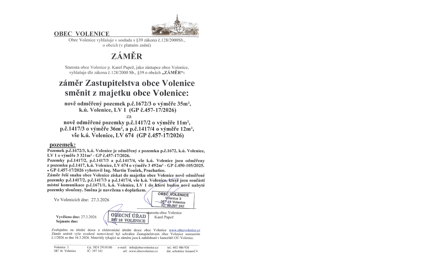 Záměr obce Volenice směnit z majetku obce nově odměřené pozemky