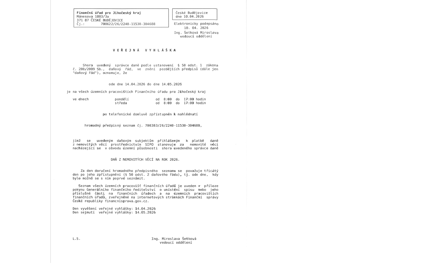 Veřejná vyhláška - daň z nemovitých věcí na rok 2026