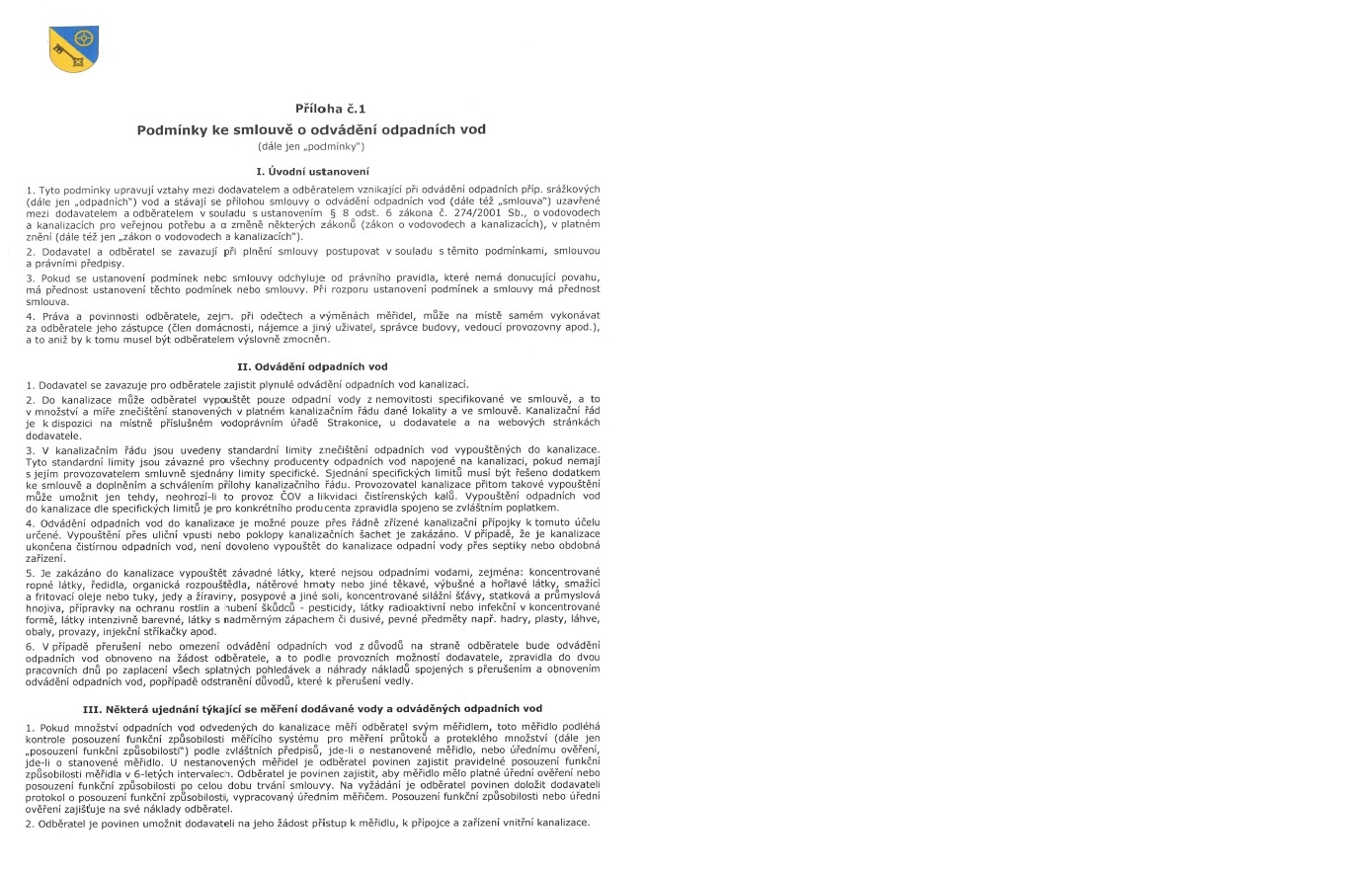 Podmínky ke smlouvě o odvádění odpadních vod 