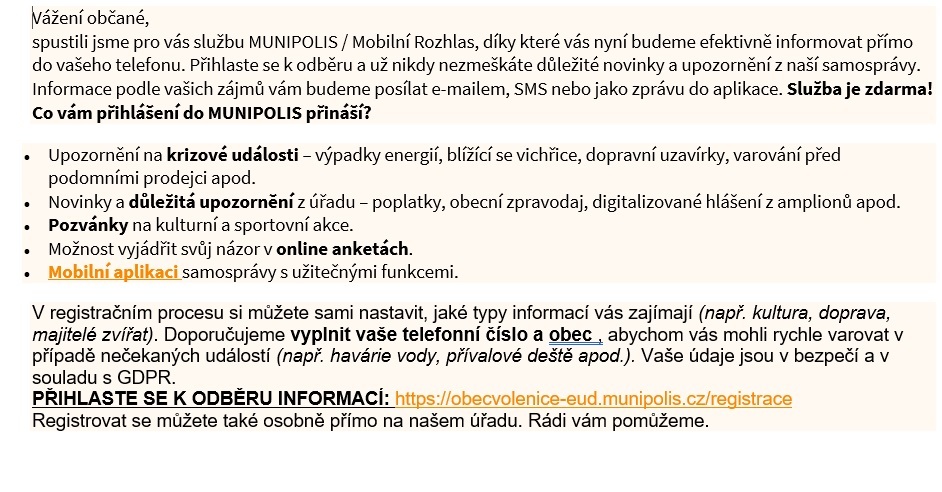 Informace pro občany  -  Zavedení MUNIPOLIS / Mobilního Rozhlasu