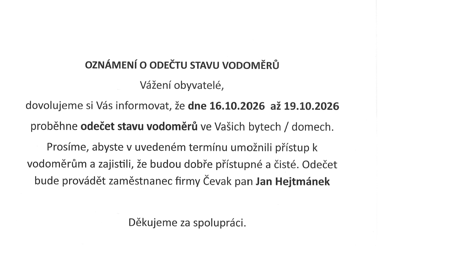 Oznámení o odečtu stavu vodoměrů