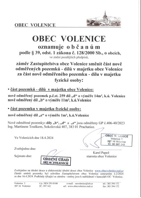 Záměr směnit část nově odměřených pozemků v majetku obce Volenice za část nově odměřeného pozemku FO
