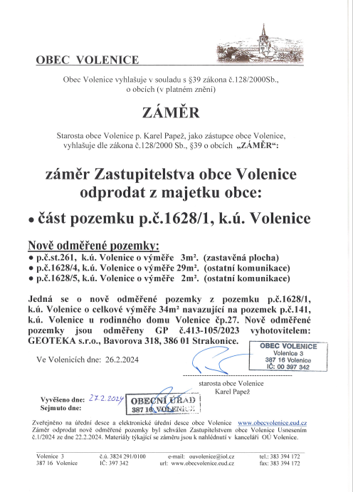 Záměr odprodat z majetku obce část pozemku p.č.1628/1, k.ú Volenice